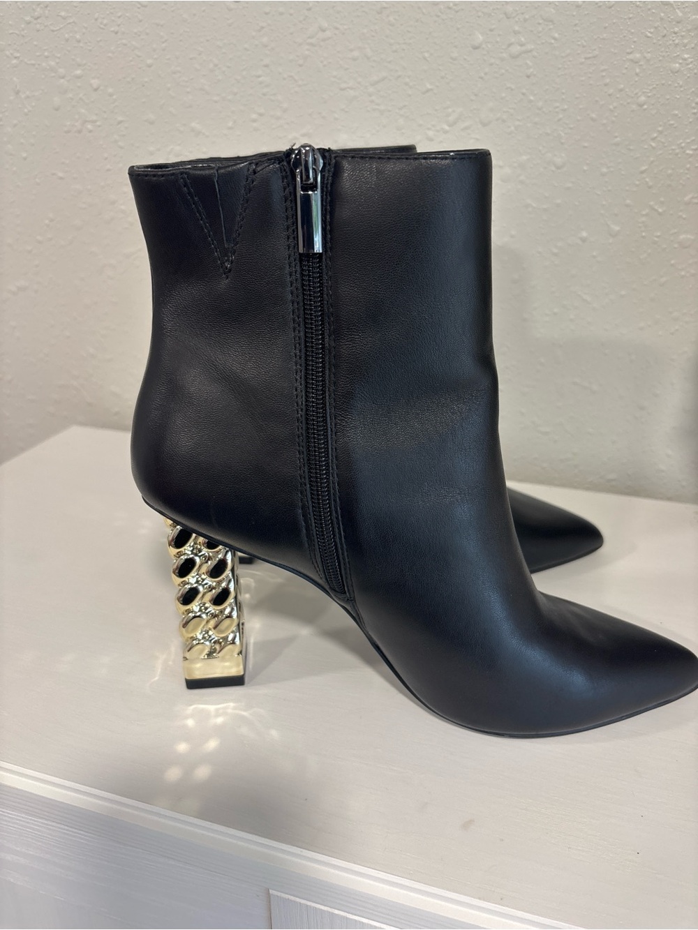 Black Ankle Booties with Gold Geometric Heel - Women - Picture 4 of 4